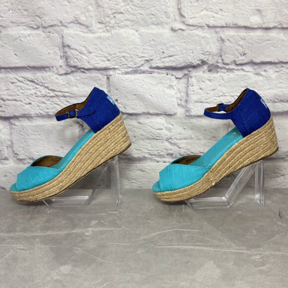 Toms Turquoise Canvas Ankle Strap Espadrille Wedges - Picture 2 of 5